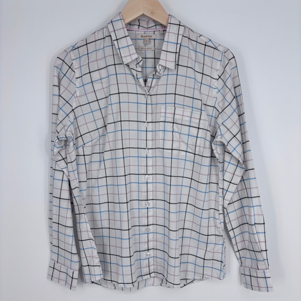 Barbour Triplebar Check Shirt Womens 6 White Blue Pink Plaid Cotton Button Down